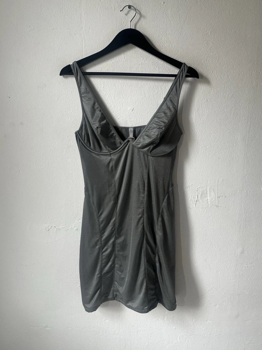 SKIMS Fits Everybody Shimmer Slip Dress Gray Metallic Bodycon Sleeveless L NWT